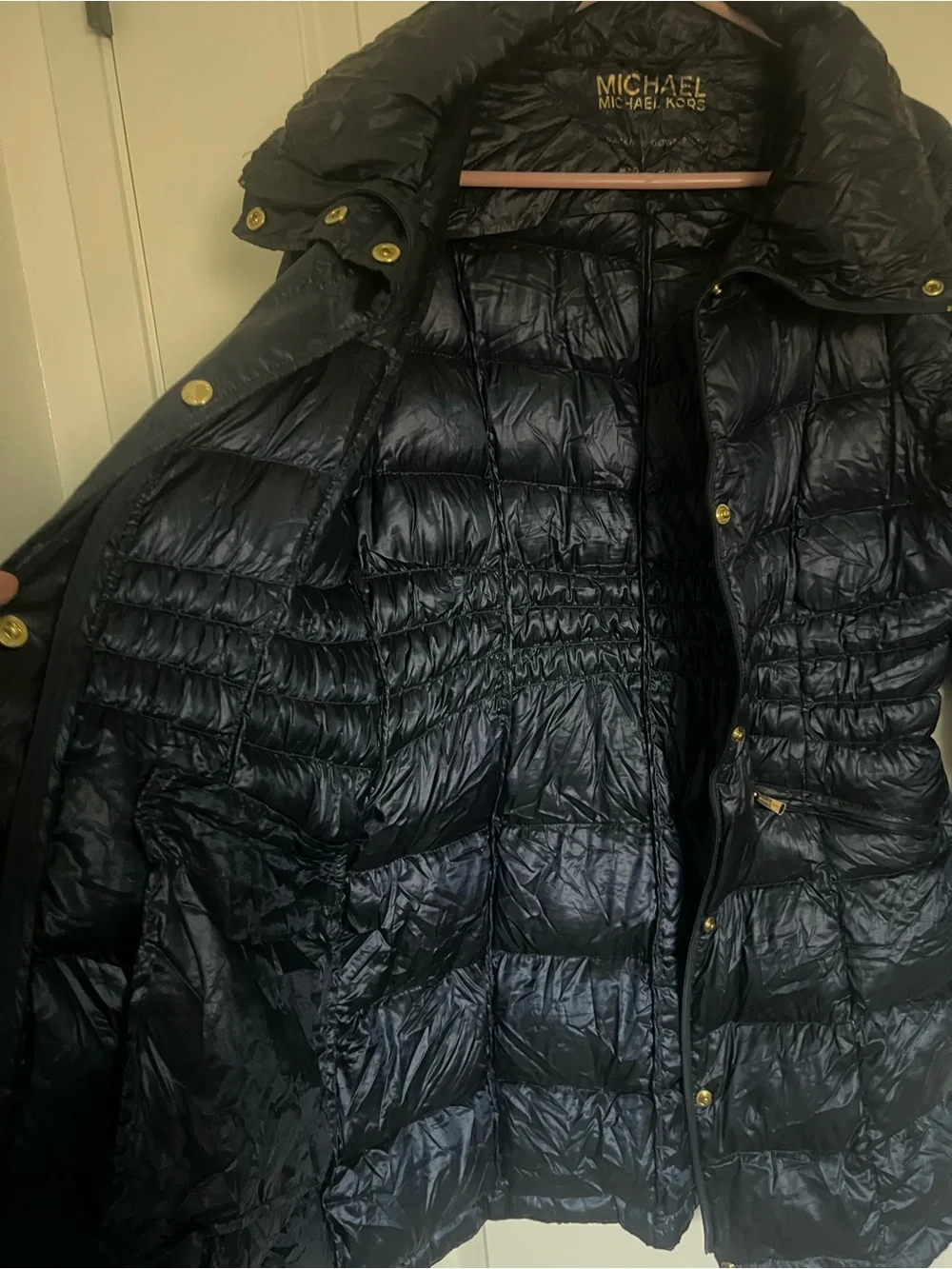 Michael Kors Navy Long Quilted Packable Puffer Coat with Gold-Tone Hardware